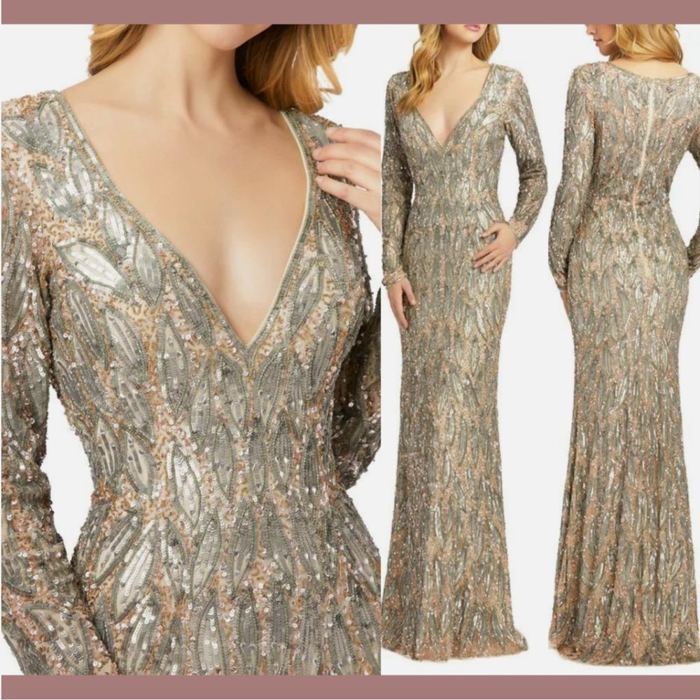NWT $598‎ Mac Duggal [ 16 ] Long Sleeve Beaded V-Neck Gown Vintage Taupe #Q621
